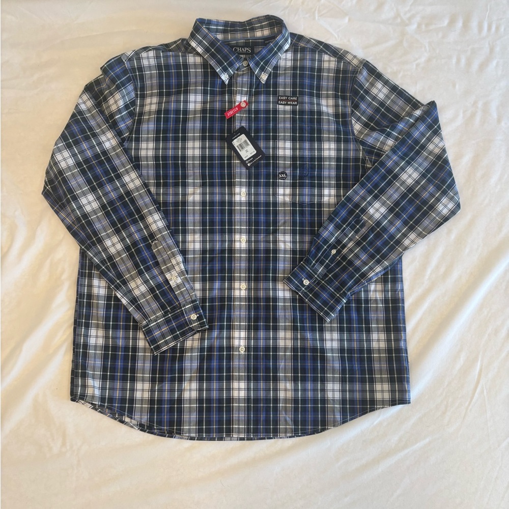 Chaps 2XL Plaid Button Down Shirt NWT Stretch Easy Care Blue XXL
